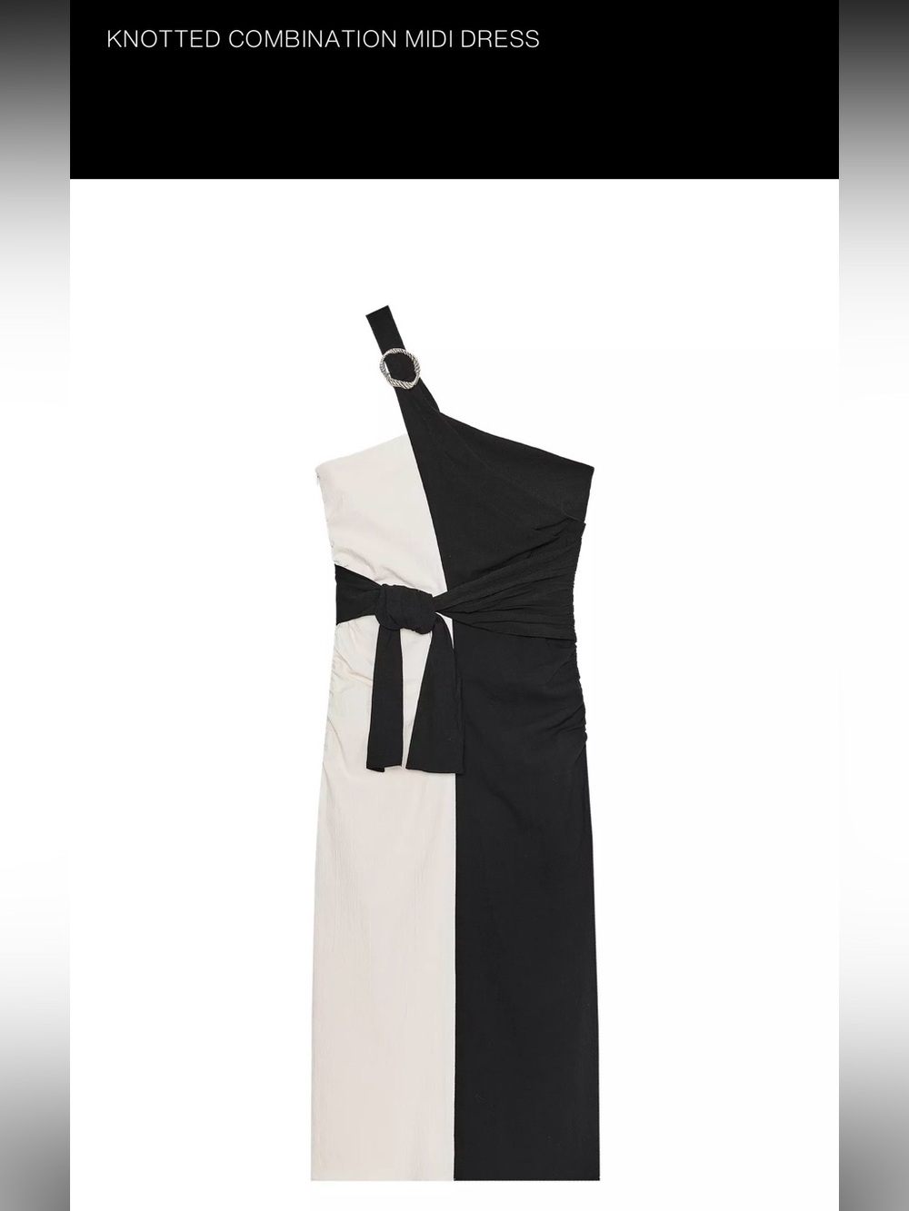 Zara Black and White One-Shoulder Colorblock Midi Dress with Waist Knot